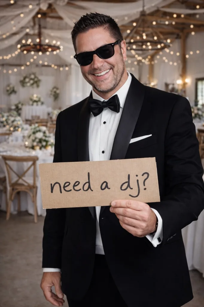 DJ Rayman in a tuxedo holding a handwritten 'need a dj?' sign inside a decorated wedding reception hall